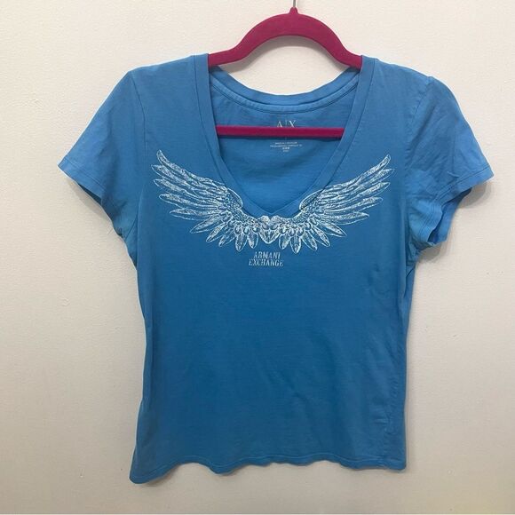 Y2K Armani Exchange Wings V-Neck Detail Women’s Top Blue - Picture 1 of 4